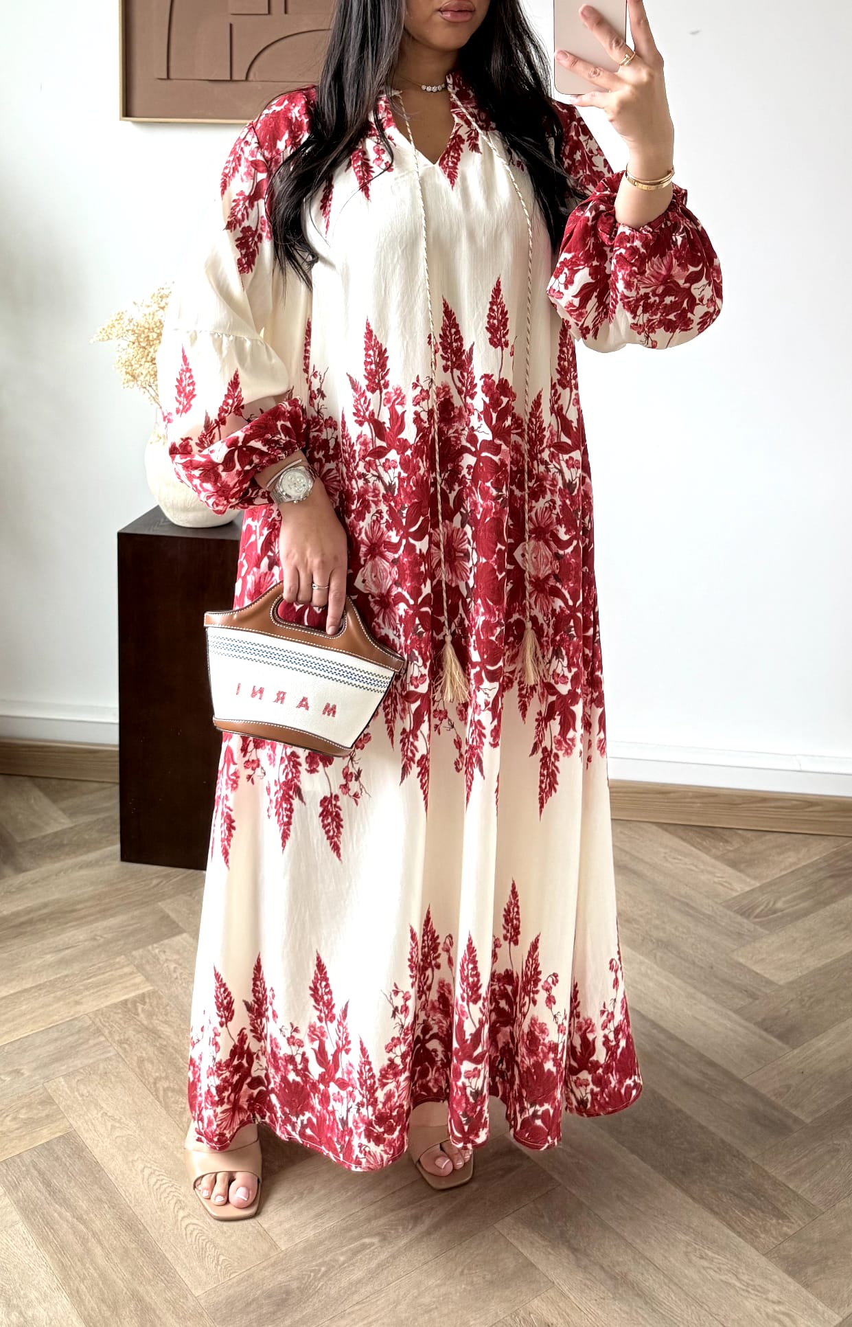 Elegantes Alltagskleid mit Blumenmuster - Rot Gold Vorderansicht