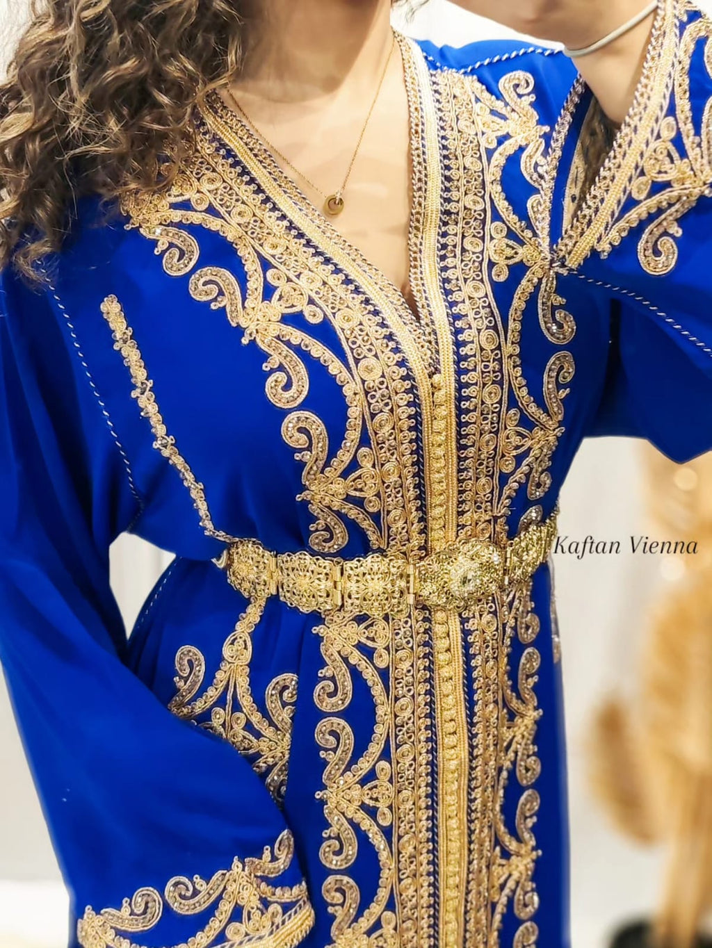 Marokkanischer Kaftan Royalblau Gold - Vorderansicht